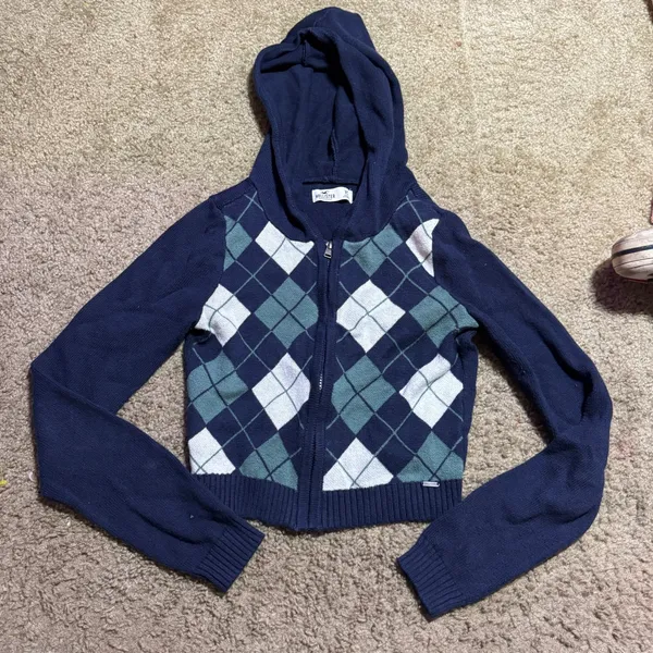 Hollister Argyle Zip Up Knit Hoodie Navy Blue Green Cropped Sweater XS‎ - Image 2