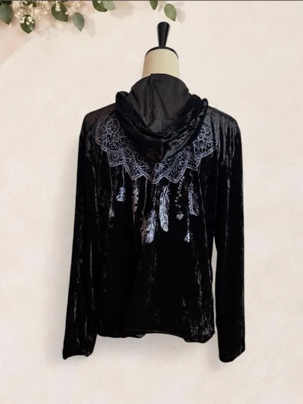 Big Bang USA Black Crushed Velvet Embroidered Zip Hoodie Large Y2K - Image 6