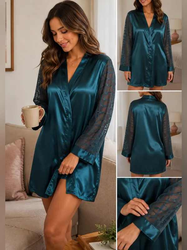 Victoria’s Secret Hunter Green Satin Robe Sheer Glitter Sleeves Small - Image 2
