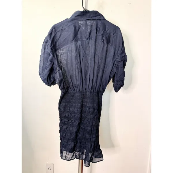 FRAME Smocked Ramie Mini Dress Navy Blue Puff Sleeve - Image 6
