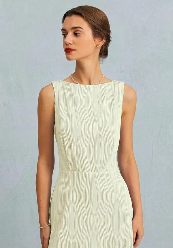 RIHOAS The Beige Water Ripple Textured Sleeveless Mini Dress L - Image 6