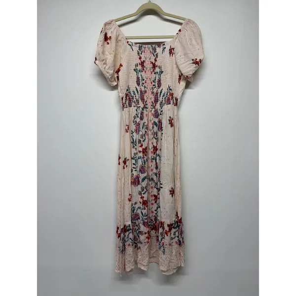 Angie Boho Floral Puff Sleeve Prairie Maxi Dress Cottagecore Cream Pink Medium - Image 4