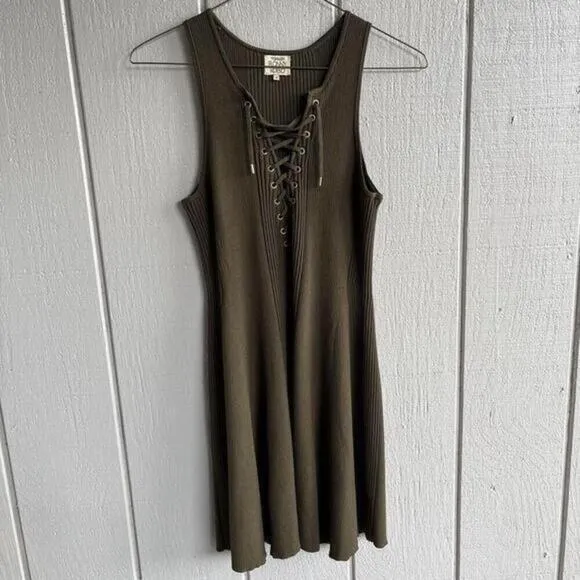 Torn by Ronny Kobo Lace Up Ribbed Knit Mini Dress‎ in Olive Green Size M - Image 3