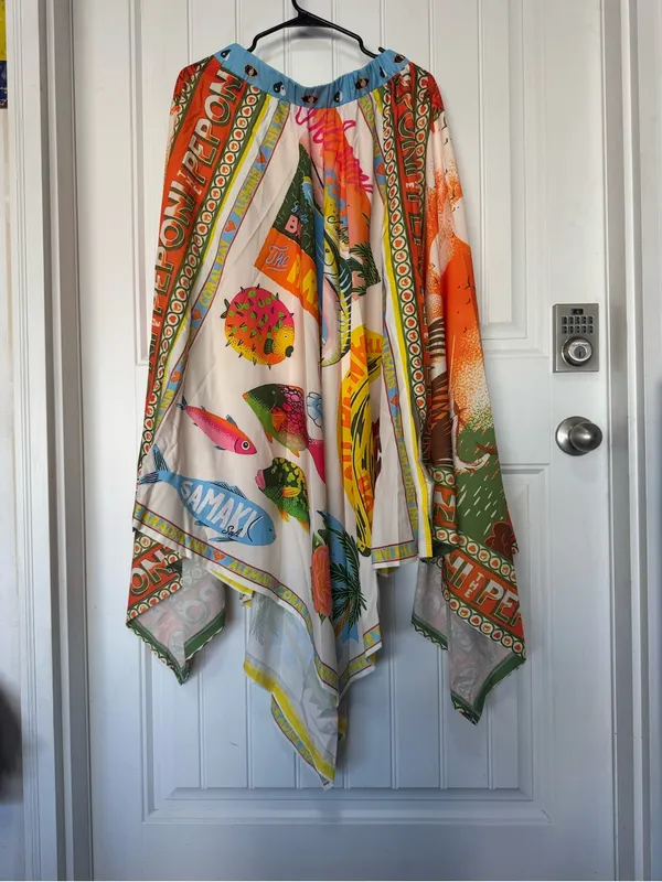 Rosa Clothing Colorful Resort Printed High Waist Handkerchief Hem Boho Skirt L - Image 8