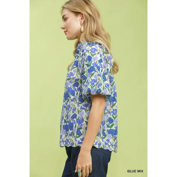Umgee Floral Puff Sleeve Blouse with Scalloped Details‎ - Medium - Image 2