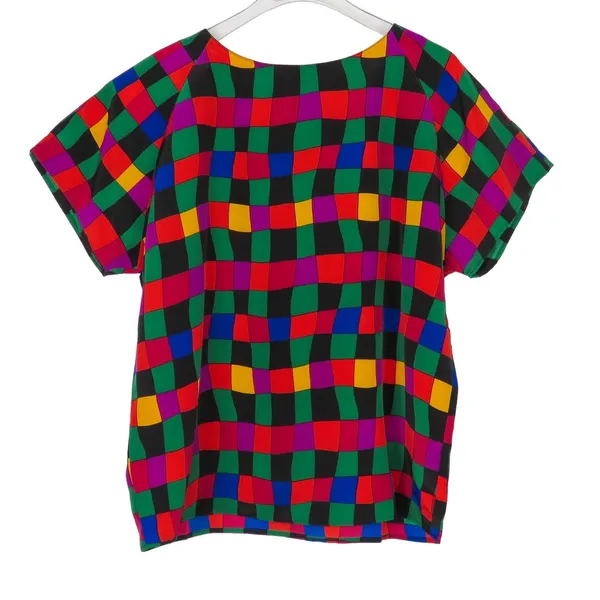 Impressions 1980s Vintage Rainbow Checkered Short Sleeve Blouse Retro Medium - Image 4