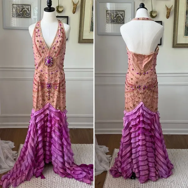 Sherry Haute Couture Halter Formal Gown Beaded Bling Blush Orchid $500 16 - Image 2