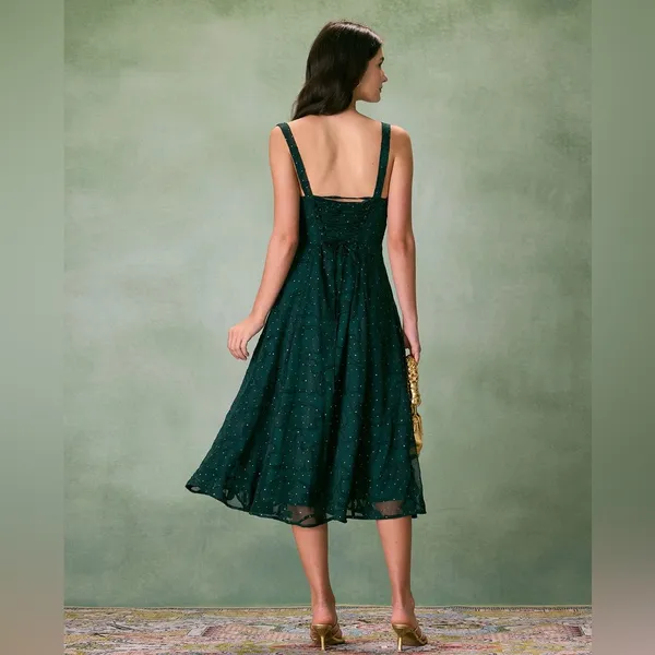 Rihoas Green Square Neck Jacquard Slit Midi Dress - Image 5