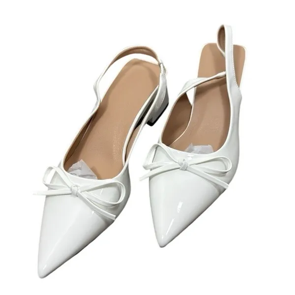 Women's White Slingback Pumps Size 37 Pointed Toe Bow Kitten Heel Bridal - Image 2
