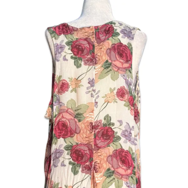 Vintage 90s Baby Pink Floral Crinkle Maxi Dress‎ Romantic Sleeveless Rayon Small - Image 2