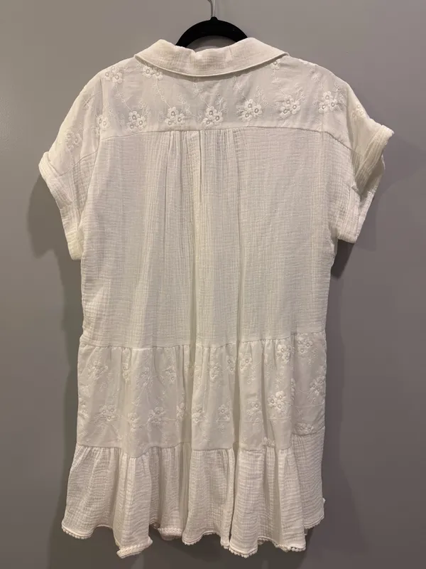 Umgee V-Neck Floral Detail Collared Tiered Dress White - Image 3