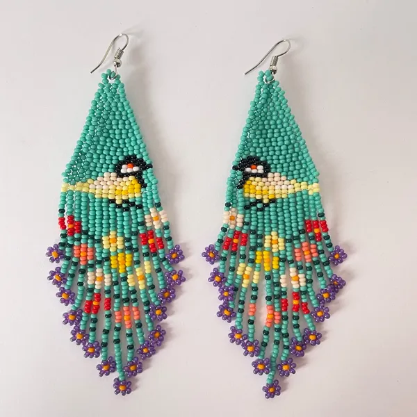 Handmade Colorful Beaded Dangle Earrings with bird and flowers 🌺 - Image 3