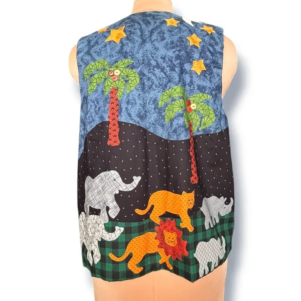 Handmade Vintage Noahs Ark Reversible Vest Folk Art Animals Whimsical 90s Layr - Image 9
