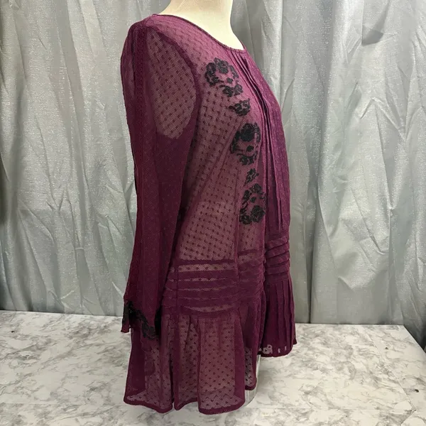 Free People maroon and Black enroidered sheer Jocelyn tunic top - Image 4