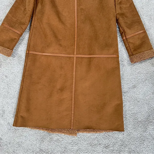Stradivarius Women’s Faux Suede Teddy Shearling Long Coat Jacket in Brown L - Image 8