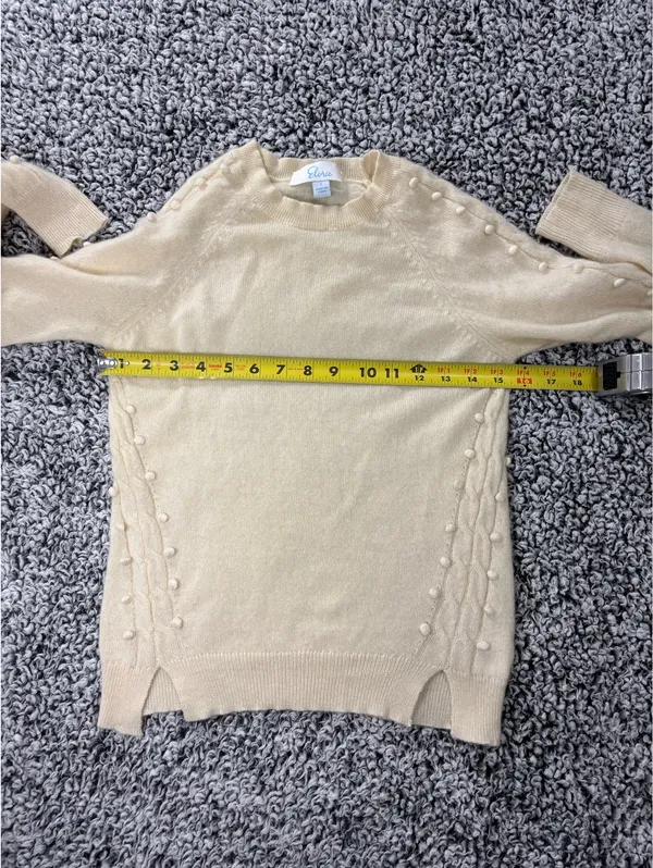100% Cashmere Sweater Women Size S Cream Cable Knit Pom Pom Beaded Luxury - Image 4