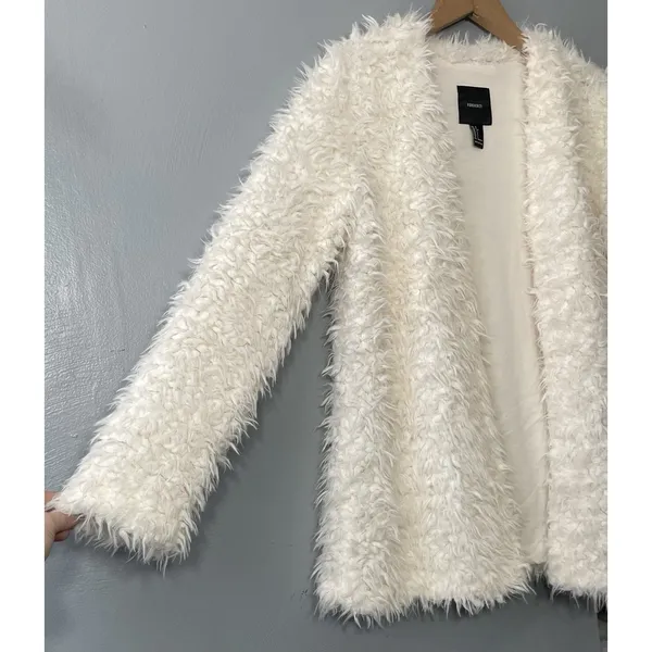 Forever 21 Teddy Jacket Size Small Creamy White Coat Faux Fur Shaggy Glam Chic - Image 3