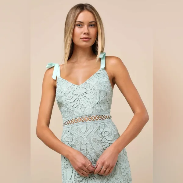 LULU’S Won Your Heart Sage Green Lace Tie-Strap High-Low Midi Dress - Image 4