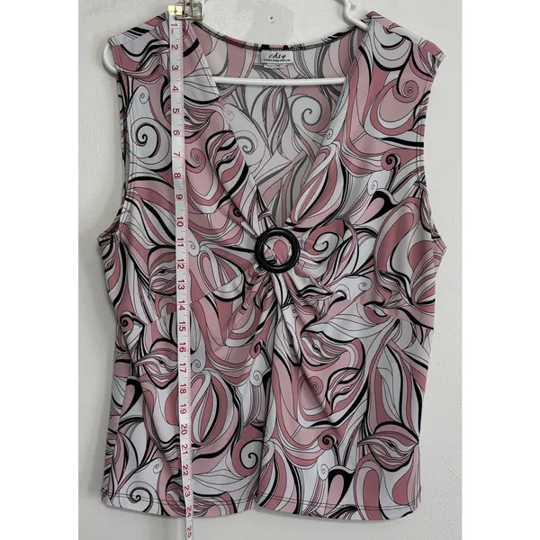 CDW Women's Sleeveless V-Neck Blouse XL Pink Black White Abstract Swirl - Image 3