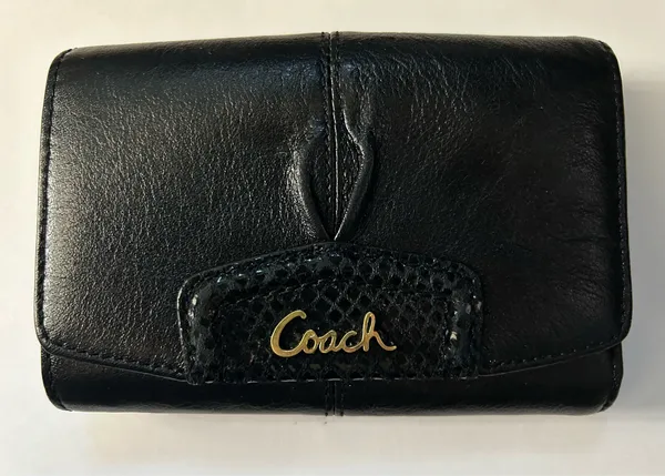 Coach Women’s Black Tri-Fold Wallet with Gold Script Logo - Image 2