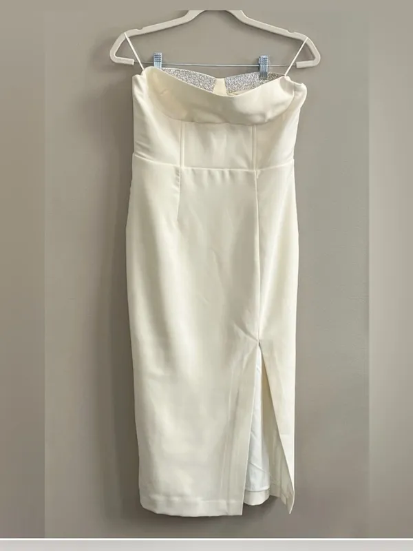 NEW ASTR‎ Melani Rhinestone Ivory Cream Strapless Slit Midi Dress med - Image 3