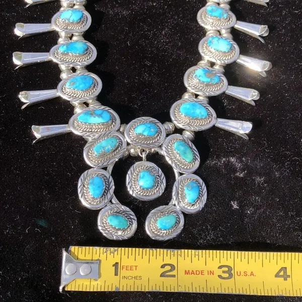 Vintage Sterling Silver Kingman Turquoise Squash Blossom Necklace Jewelry - Image 9