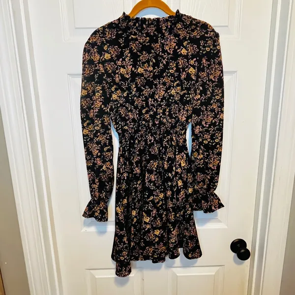 SheIn Black Floral Long Sleeve Mock Neck Smocked Waist Mini Dress XS Whimsical Gothic - Image 2