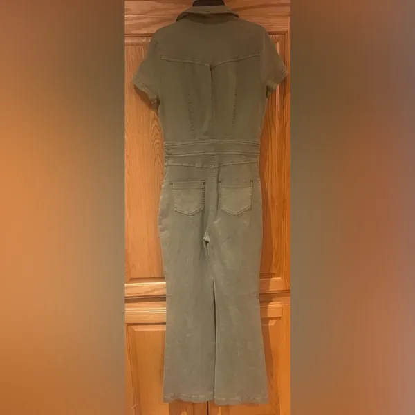 Urban Outfitters Emma Stretch Denim Flared Jumpsuit in Olive Green Size Small - Image 13