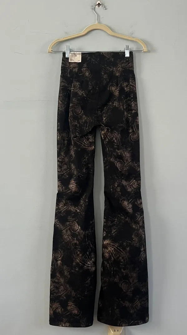 Free People NWT Jayde Black Tie Printed Metallic Black Flare Jeans - Image 6
