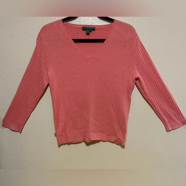 Lauren Ralph Lauren Pink Cotton V-Neck Knit Sweater Women’s Large Preppy - Image 2