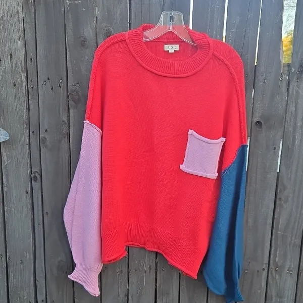 POL Red and Pink Colorblock Sweater - Image 3