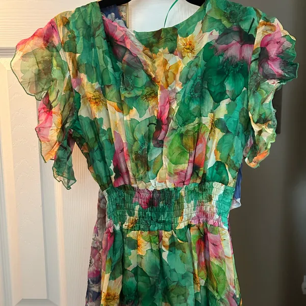 Le Ragazze (Made In Italy) Green Floral Dress, Size Small - Image 4