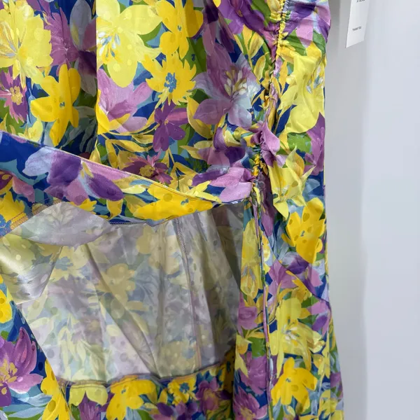 For Love and Lemons Cassia Dress Size 1X NWT Yellow Floral Ruched Midi Cocktail - Image 14