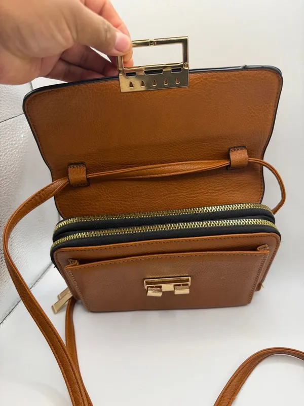 Unbranded Brown Faux Leather Multi-Compartment Crossbody Bag with Gold-Tone Lock - Image 3
