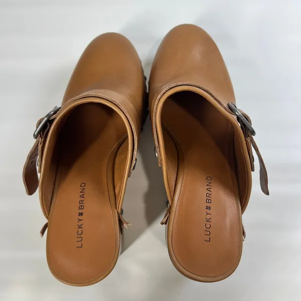 Lucky Brand Clog Heels Tan Leather Studded Braided Trim Slip-On Mule Sandals 7.5 - Image 4