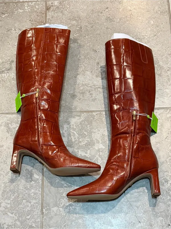 Sam Edelman Sylvia 2 Tall Croc-Embossed Pointed-Toe Boots in Brown, Size 11, NWT - Image 3