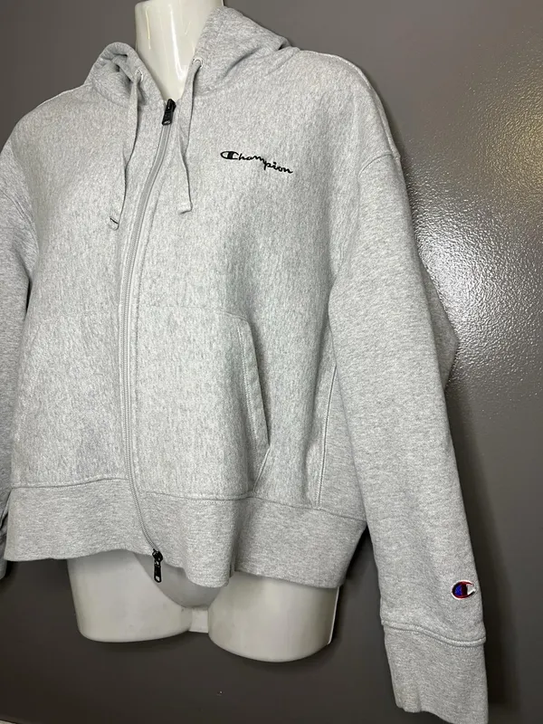 Champion Hoodie Womens XL Gray Full Zip Fleece Cropped Sweatshirt Logo Athletic - Image 4