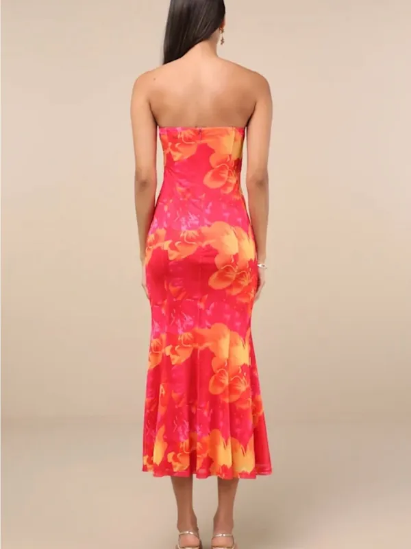 Lulu's Pink & Orange Floral Strapless Twist-Bust Midi Dress - Image 5
