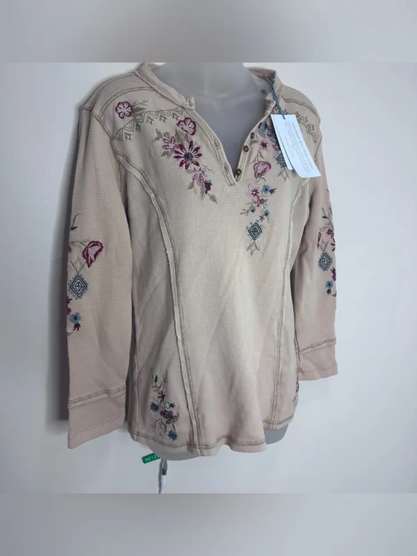 Anthropologie Caite NWT Cream Embroidered Henley Long-Sleeve Top Small - Image 2