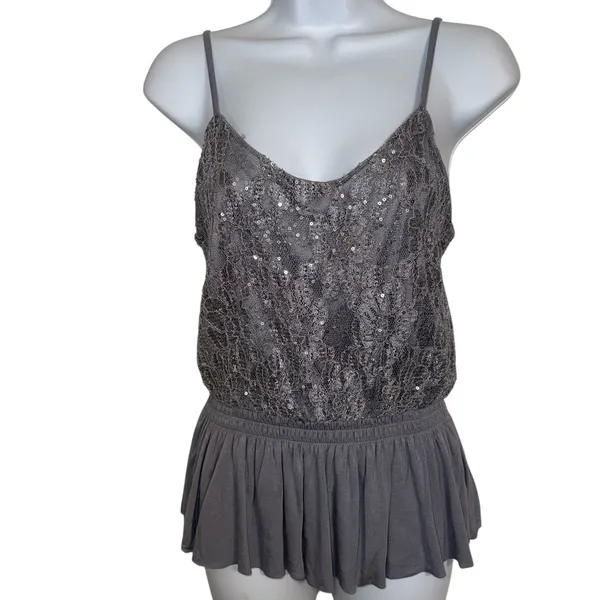 EXPRESS Gray Sequin‎ and Lace Peplum Cami Tank Top Size Small - Image 2