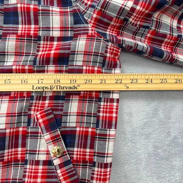 Tommy Hilfiger Patchwork Plaid Varsity Jacket Red White Blue‎ Cotton Blend Large - Image 8