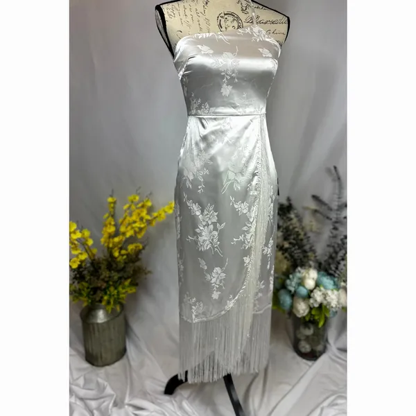 Lulu's On the Dance floor White Jacquard Fringe One-Shoulder Midi Dress XS - Image 4