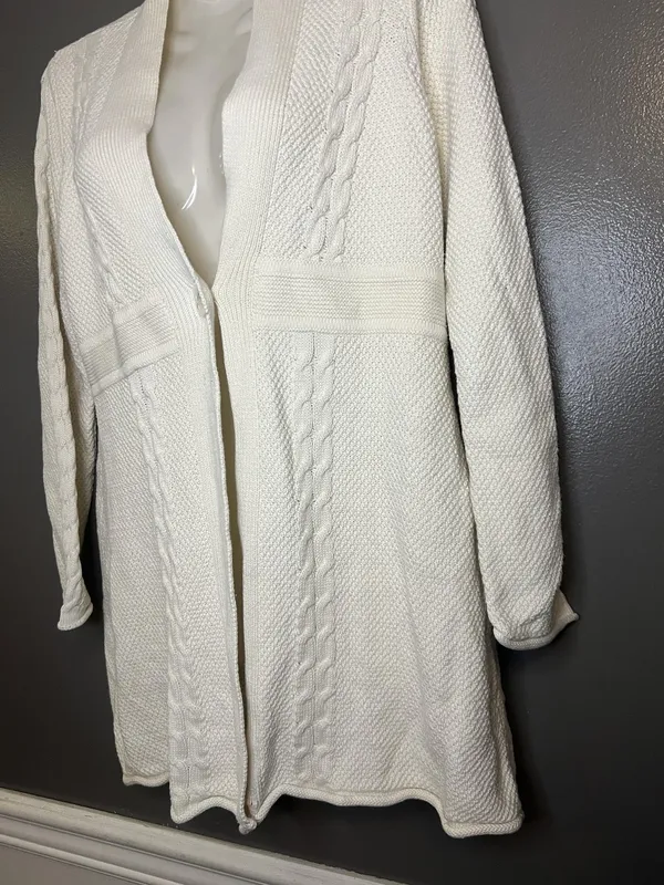 Lizwear Cardigan Sweater Womens Medium White Cable Knit Open Front Shawl Collar - Image 4