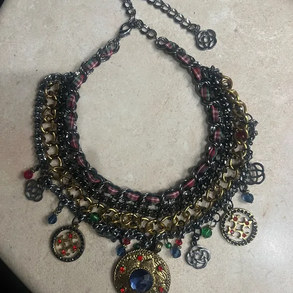 Artisan Boho Statement Necklace Celtic Knot CharmPlaid Ribbon Medallion vintage - Image 4