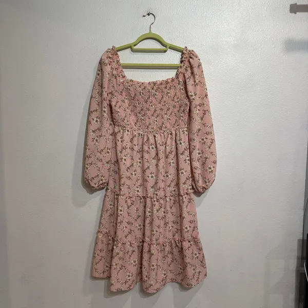 AS U WISH Pink Floral Smocked Long Sleeve Mini Dress Sz M - Image 2