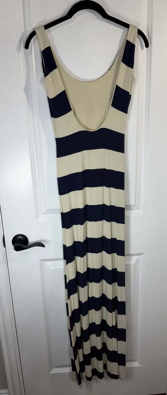 PinkBlush Navy Blue & Beige Striped Sleeveless Low Back Knit Maxi Dress - Image 4