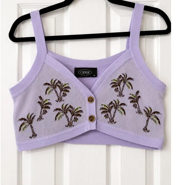 Cider Palm Tree Knit Crop Tank Top Lavender Button Front Cotton Blend XL NWT - Image 2