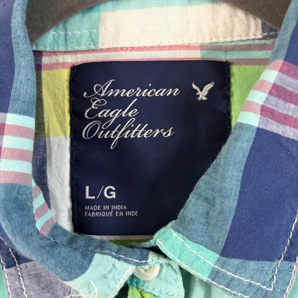American‎ Eagle Outfitters Teal Plaid Button Down Shirt Womens Large L/G Cotton - Image 8