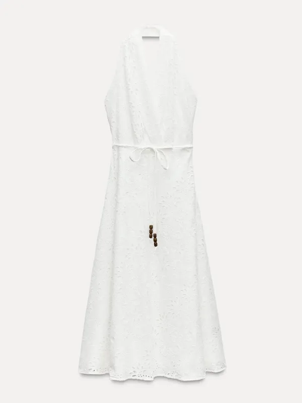 Zara White One-Shoulder Eyelet Midi Dress - Image 2