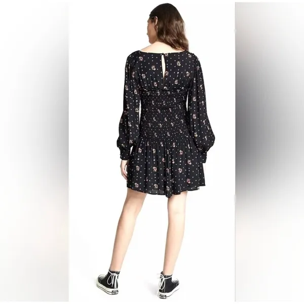Free People-M Floral Long Sleeve Smocked Mini Dress Romantic Boho-Chic Babydoll‎ - Image 4